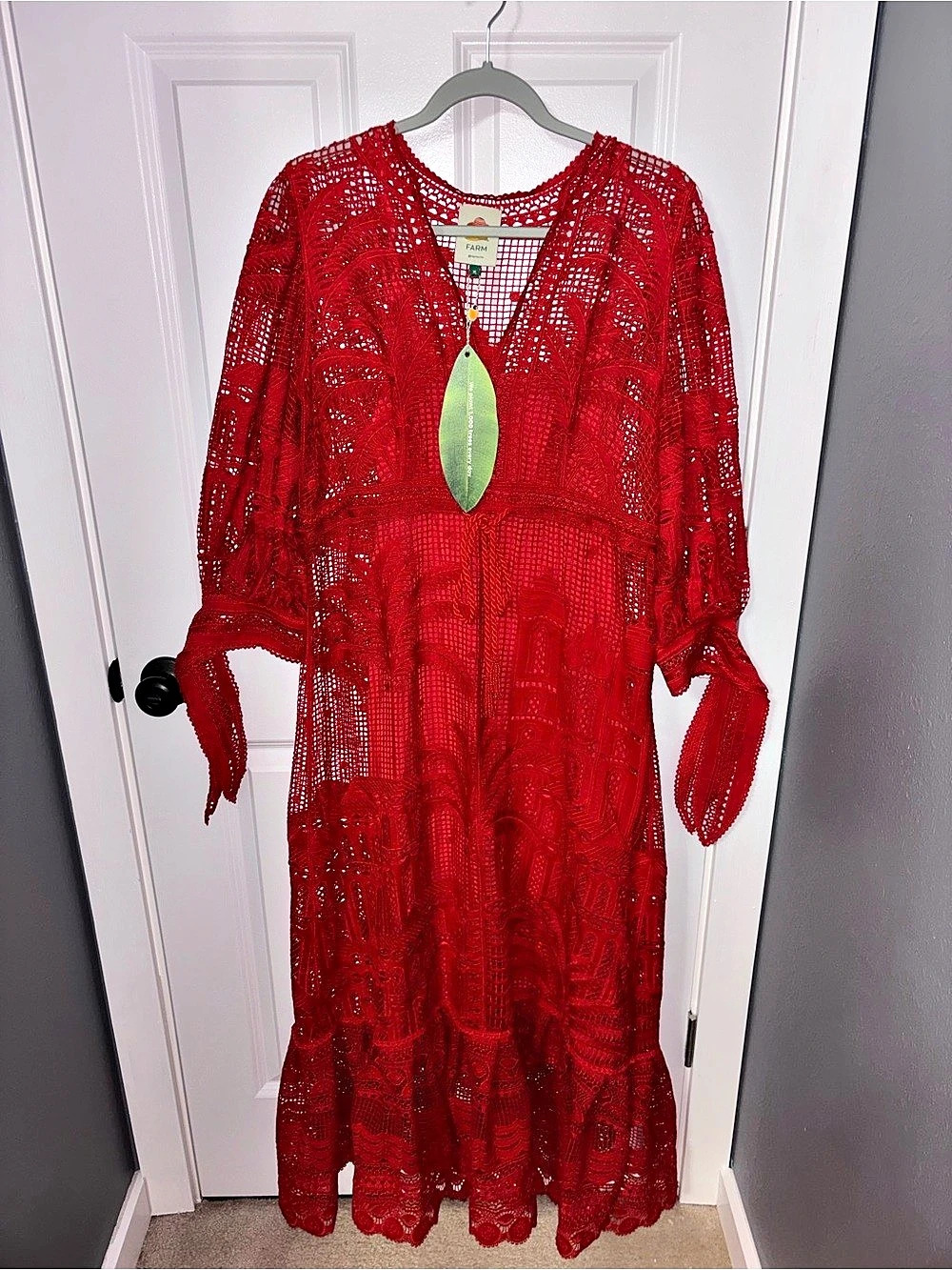 Farm Rio Red Morada Boa Guipure Maxi Dress Medium